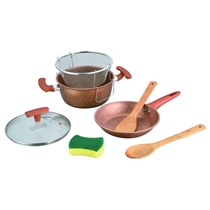 7 Pcs Nano Non-stick Coating Forged Die-cast Cookware Set with Fry Basket Clean Pad 2 Bamboo Tools
